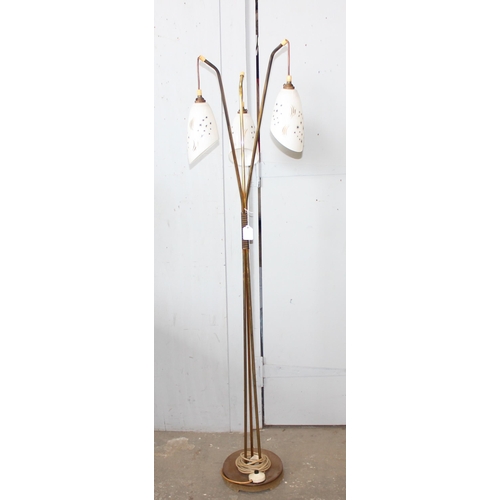 240 - 1950's retro standard lamp with 3 drop light-heads and glass shades, approx 154cm