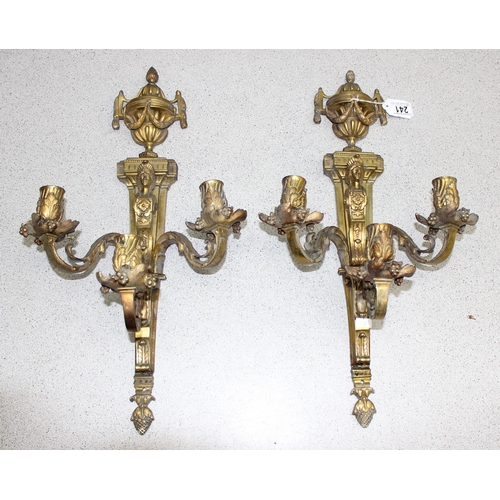 241 - Pair of ornate antique heavy cast gilt brass 3-branch wall sconces, approx 54cm tall