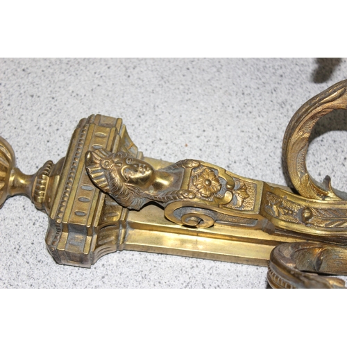 241 - Pair of ornate antique heavy cast gilt brass 3-branch wall sconces, approx 54cm tall