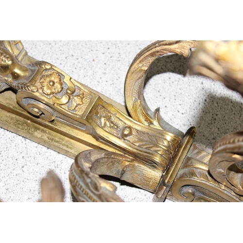 241 - Pair of ornate antique heavy cast gilt brass 3-branch wall sconces, approx 54cm tall