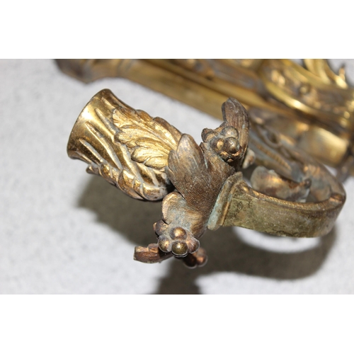 241 - Pair of ornate antique heavy cast gilt brass 3-branch wall sconces, approx 54cm tall