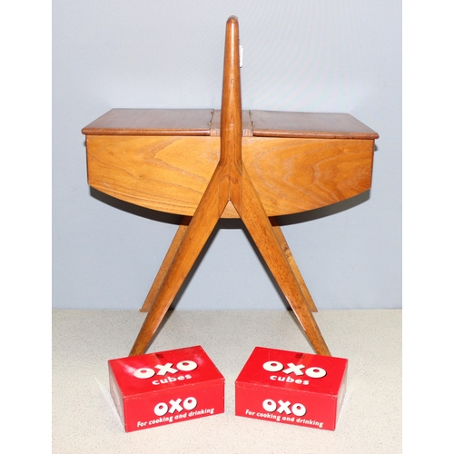 271 - Retro wooden Danish style sewing box on legs, approx 51 x 30 x 64cm, and two Oxo tins of buttons