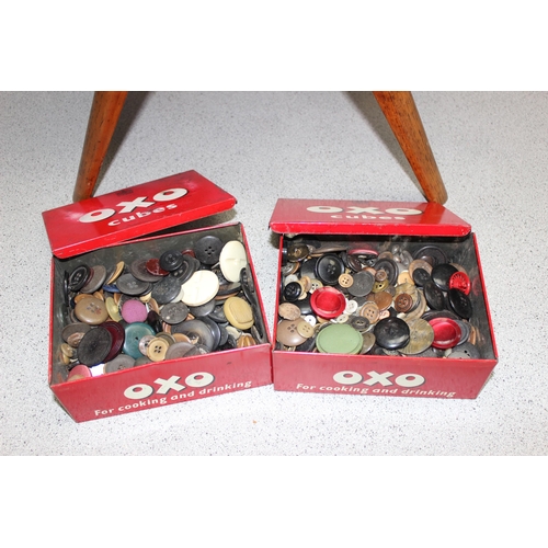 271 - Retro wooden Danish style sewing box on legs, approx 51 x 30 x 64cm, and two Oxo tins of buttons