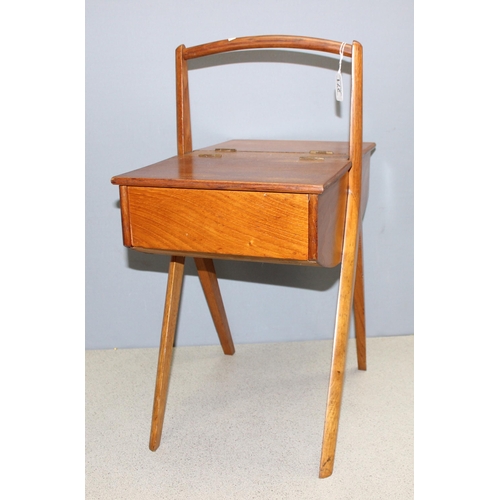 271 - Retro wooden Danish style sewing box on legs, approx 51 x 30 x 64cm, and two Oxo tins of buttons