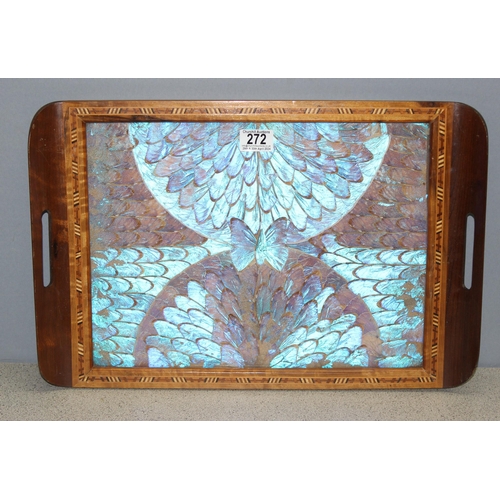 272 - Art Deco period wooden butterfly-wing tray with glazed top and inlaid details, approx 51cm x 35cm