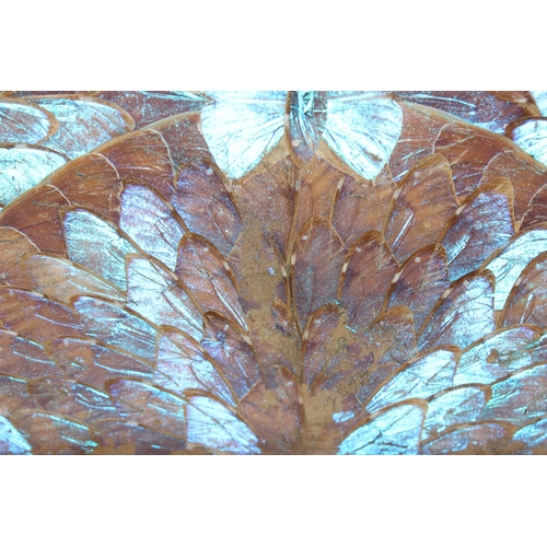 272 - Art Deco period wooden butterfly-wing tray with glazed top and inlaid details, approx 51cm x 35cm