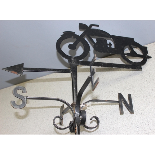 314 - Wrought iron motorcycle themed weather vane, approx 112cm tall