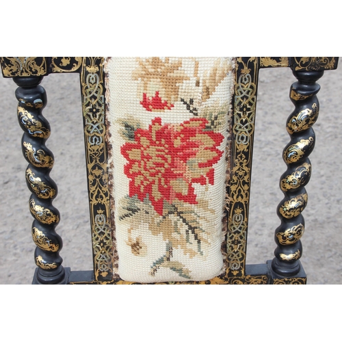 4 - A 19th century highly decorative ebonised and gilt decorated chair with barleytwist supports and flo... 