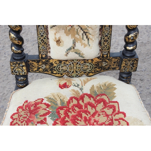 4 - A 19th century highly decorative ebonised and gilt decorated chair with barleytwist supports and flo... 