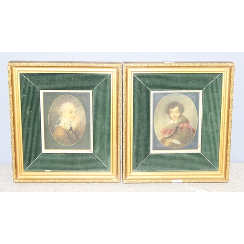 413 - 2 antique style miniature portrait prints in decorative gilt and velvet frames, each approx 27cm x 2... 