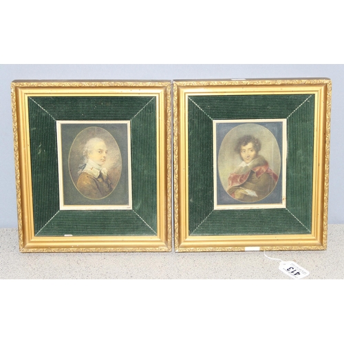 413 - 2 antique style miniature portrait prints in decorative gilt and velvet frames, each approx 27cm x 2... 