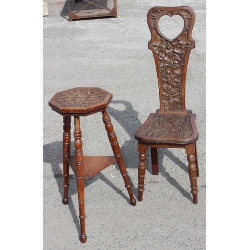 47 - 2 pieces of carved oak furniture to inc a hall or spinning chair and a 3 legged side table, table ap... 