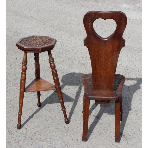 47 - 2 pieces of carved oak furniture to inc a hall or spinning chair and a 3 legged side table, table ap... 