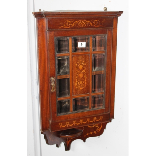 54 - Edwardian wall-mountable mahogany wall cabinet with inlaid detail and bevelled-edged glazed panels, ... 