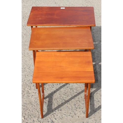 71 - A retro Norwegian made nest of 3 tables, approx 60cm wide x 37cm deep x 47cm tall