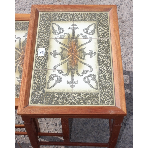 72 - Retro nest of 3 tile topped tables, likely Danish but seemingly unmarked, approx 53cm wide x 38cm de... 