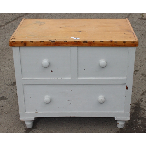 8 - An unusual vintage pine lidded box with painted base formed as a 2 over 1 chest of drawers, approx 8... 