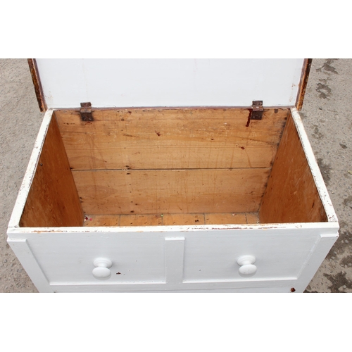 8 - An unusual vintage pine lidded box with painted base formed as a 2 over 1 chest of drawers, approx 8... 