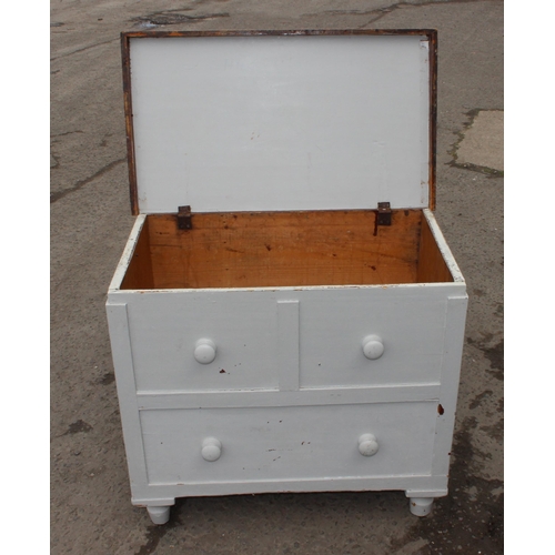 8 - An unusual vintage pine lidded box with painted base formed as a 2 over 1 chest of drawers, approx 8... 