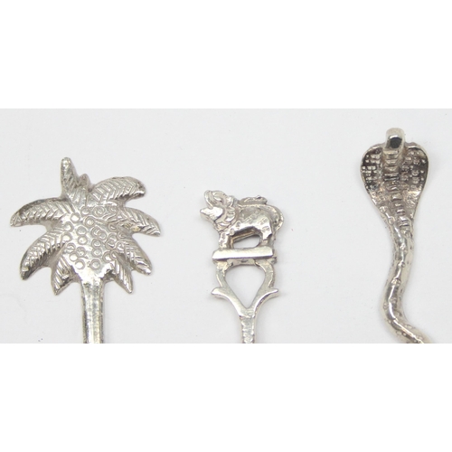 1045 - 3 unusual silver spoons with decorative terminals to inc Cobra, Palm Tree and Temple Lion, all unmar... 