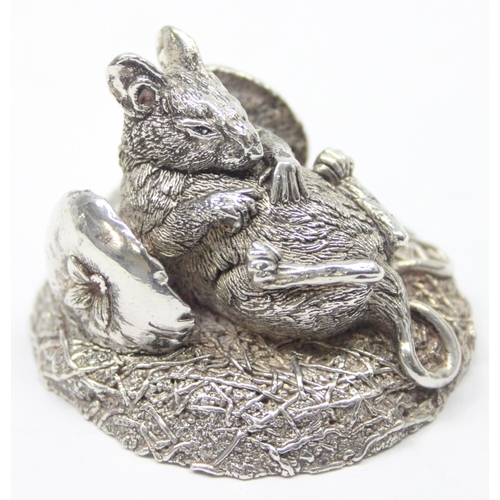 1048 - A vintage silver filled model of field mouse with full belly laying in an apple core, marked for Bir... 