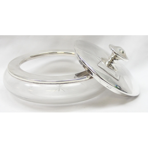 1052 - Early 20c hallmarked star cut based glass trinket pot with silver banded collar and lid with vacant ... 