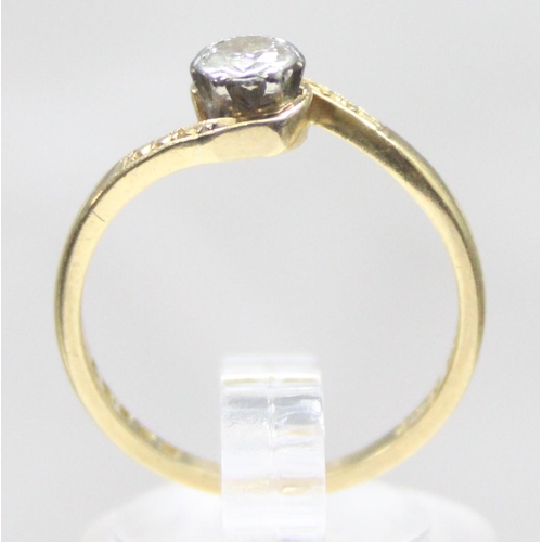 1103 - A vintage 18ct gold and solitaire diamond ring in engraved crossover platinum setting, marked and XR... 