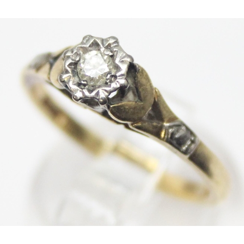 1104 - A vintage 18ct gold and solitaire diamond ring in decorative illusion platinum setting, marked and X... 