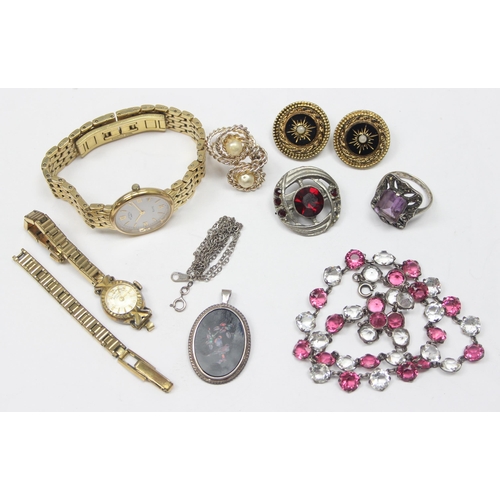 1112 - Qty of assorted costume jewellery and watches to inc a silver and marcasite ring, a silver pendant e... 