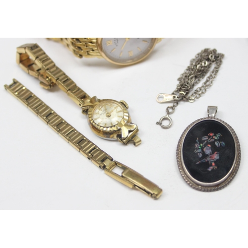 1112 - Qty of assorted costume jewellery and watches to inc a silver and marcasite ring, a silver pendant e... 