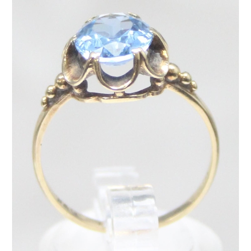 1114 - A vintage 9ct gold and blue stone cocktail ring, marks rubbed but XRF tested as 9ct gold, approx siz... 