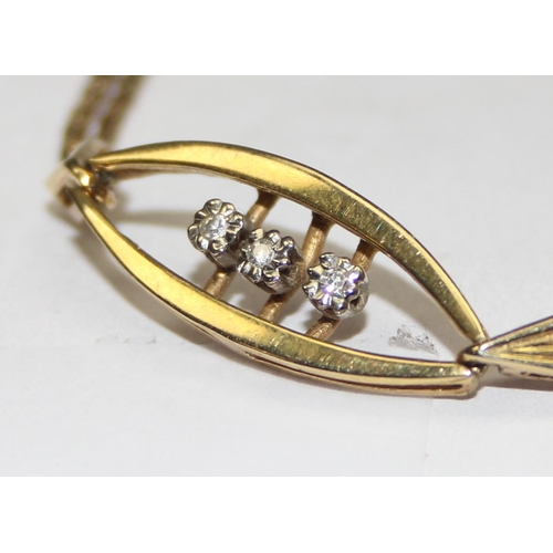 1117 - A retro West German made 9ct gold and diamond set bracelet, a trio of small diamonds flanked by 2 le... 