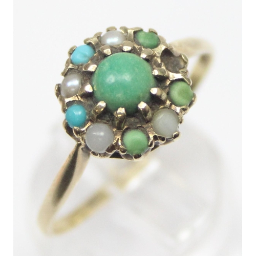 1121 - A 9ct gold multicoloured stone cluster ring with turquoise, marked for London 1967, approx size X, a... 