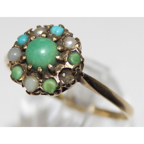 1121 - A 9ct gold multicoloured stone cluster ring with turquoise, marked for London 1967, approx size X, a... 