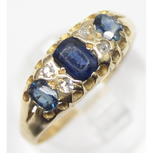 1128 - A Victorian 18ct gold diamond and sapphire ring with claw setting, marked for Birmingham 1886, appro... 