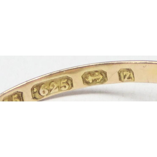 1131 - A Victorian 15ct gold double horseshoe ring, one set with seed pearls, the other with rubies, marked... 