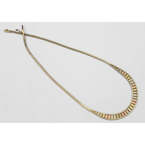 1146 - A retro 9ct gold necklace with herringbone links and 3 colour gold textured design, marked 375 and X... 