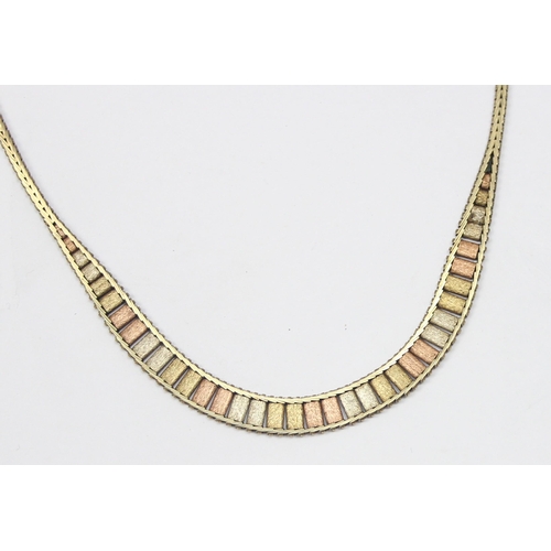 1146 - A retro 9ct gold necklace with herringbone links and 3 colour gold textured design, marked 375 and X... 