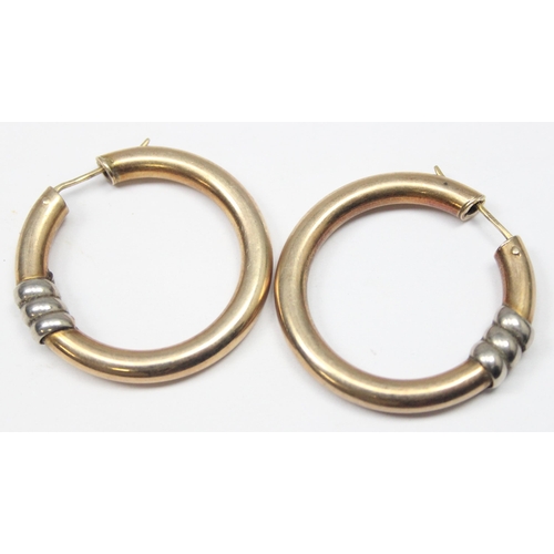 1147 - A pair of retro Italian 9ct white and yellow gold hoop earrings, marked and XRF confirmed, approx 40... 