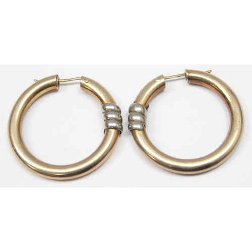 1147 - A pair of retro Italian 9ct white and yellow gold hoop earrings, marked and XRF confirmed, approx 40... 