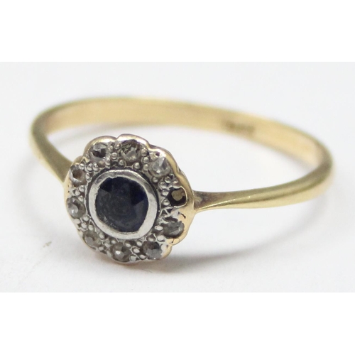 1153 - A vintage 18ct gold Sapphire and Diamond cluster ring, marked 18ct and XRF confirmed, approx size Q,... 