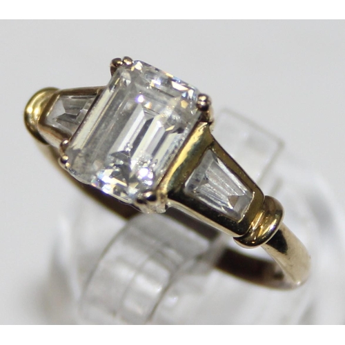 1156 - 9ct gold and emerald cut white stone cocktail ring, marked 9ct and XRF confirmed, approx size L, app... 