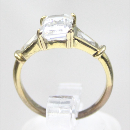 1156 - 9ct gold and emerald cut white stone cocktail ring, marked 9ct and XRF confirmed, approx size L, app... 