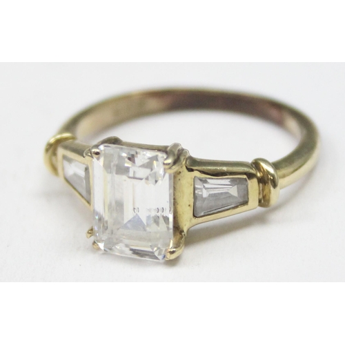 1156 - 9ct gold and emerald cut white stone cocktail ring, marked 9ct and XRF confirmed, approx size L, app... 