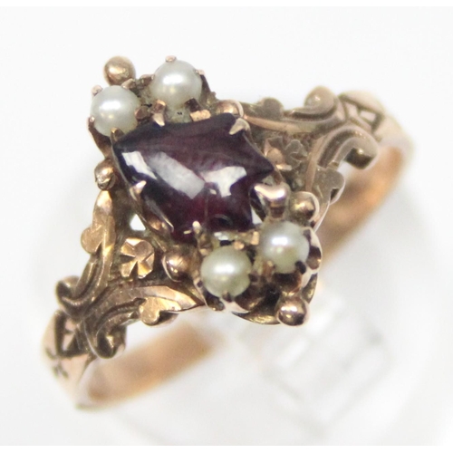 1157 - An antique 9ct gold seed pearl and pink stone ring, possibly a ruby or garnet, likely 19th century, ... 