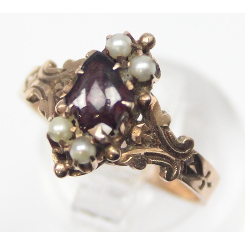 1157 - An antique 9ct gold seed pearl and pink stone ring, possibly a ruby or garnet, likely 19th century, ... 