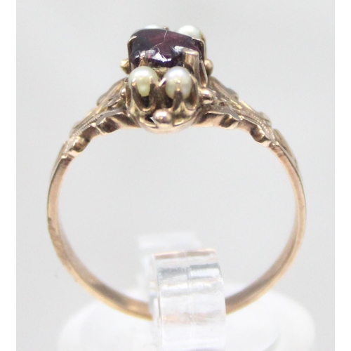 1157 - An antique 9ct gold seed pearl and pink stone ring, possibly a ruby or garnet, likely 19th century, ... 