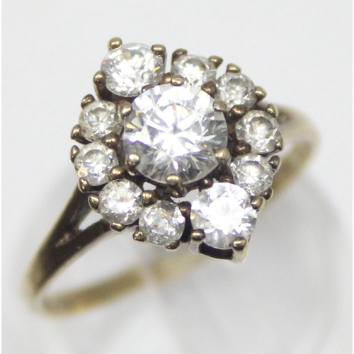 1160 - A vintage 9ct gold white stone set cluster ring, marked and XRF confirmed, approx size M, approx 2.4... 