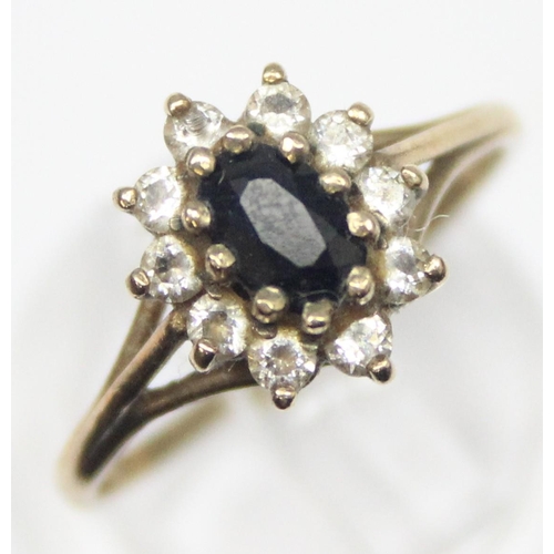 1161 - A 9ct gold sapphire and floral stone cluster ring, marked and XRF confirmed, approx size O, approx 1... 