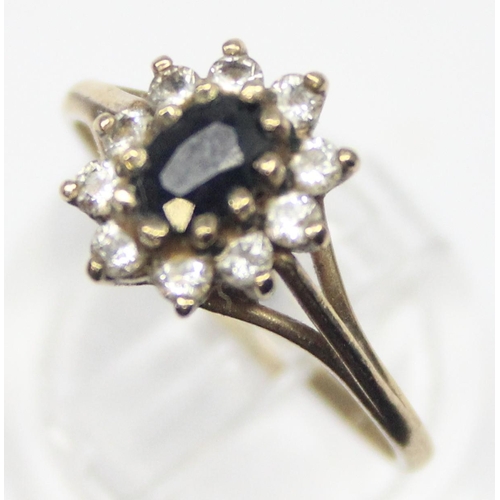 1161 - A 9ct gold sapphire and floral stone cluster ring, marked and XRF confirmed, approx size O, approx 1... 